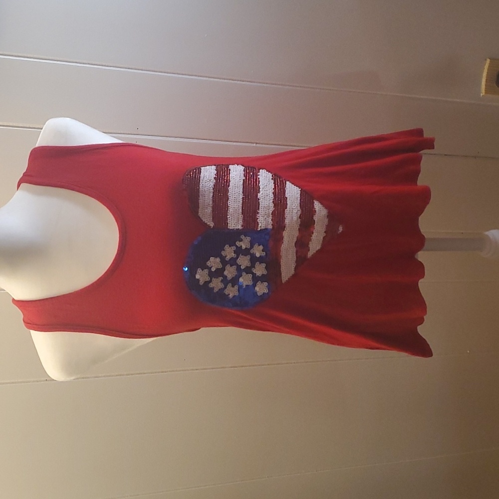 Women's Electric Pink Sequins 💗 heart Of the USA 🇺🇸 flag mesh back of tank